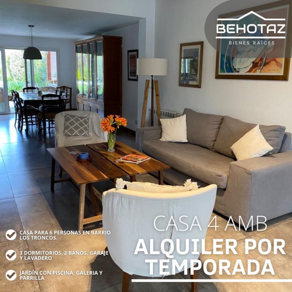 ()Moderna casa cuatro ambientes en alquiler temporario. zona Los Troncos. Mar del Plata