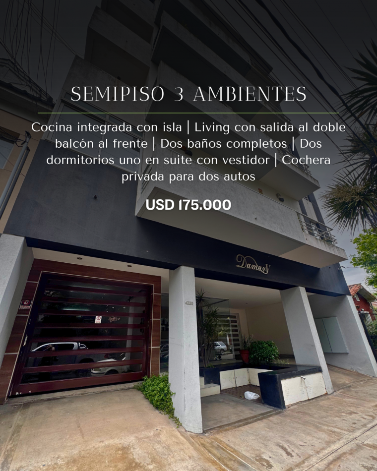 SEMIPISO DE TRES AMBIENTES CON BALCON A LA CALLE Y COCHERA PRIVADA DOBLE. 