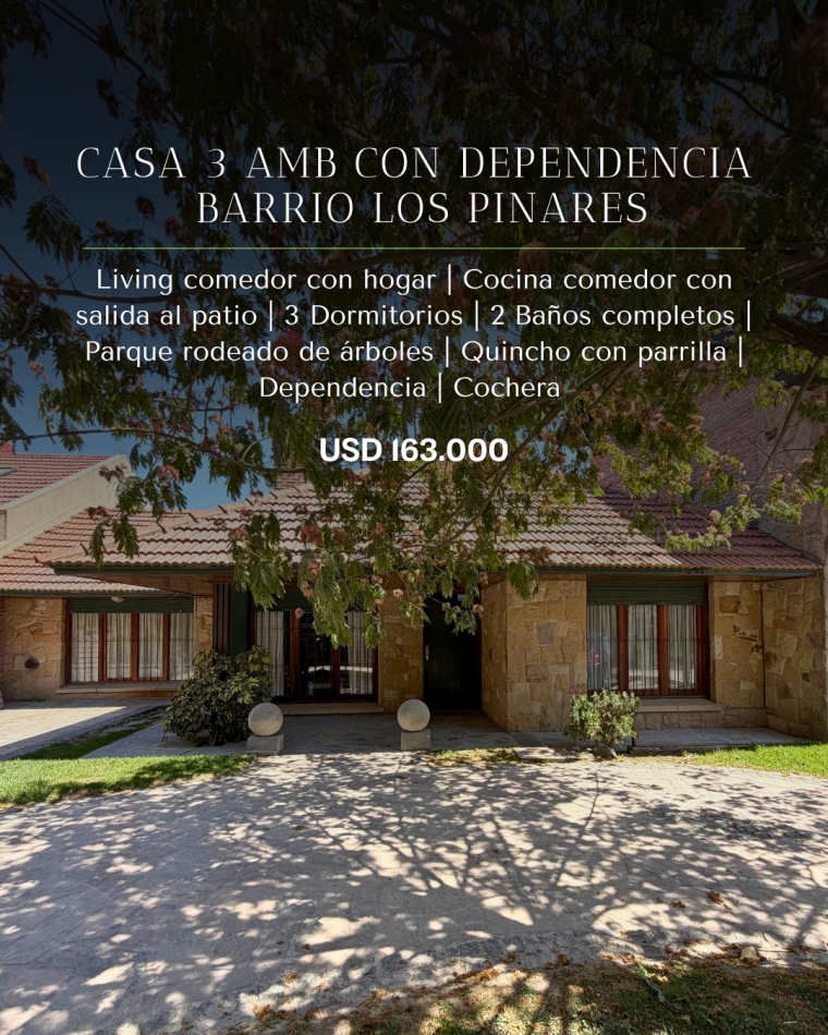 CASA DE TRES AMBIENTES CON DEPENDENCIA Y PARQUE - ZONA LOS PINARES 