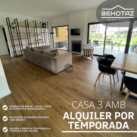 ()CASA EN BARRANCAS DE SAN BENITO, BARRIO PRIVADO. ALQUILER POR TEMPORADA. 3 AMBIENTES. CHAPADMALAL